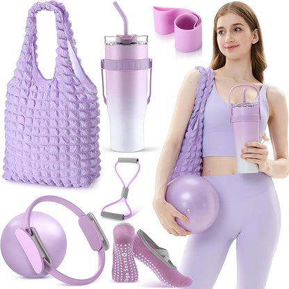 Poen 7 Pcs Pilates Essentials Kit for Women Home Workout Pilates Equipment Ring and Ball Set with 11.81 Inch Circle 9.84 Inch Yoga Ball Resistance Bands Cup Bag Socks for Beginners