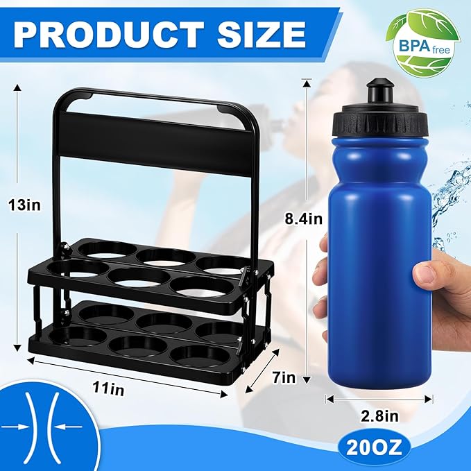 Suclain 14 Pcs Water Bottle Carrier with 20 Oz Bottles and Stickers Plastic Wide Mouth Sports Water Bottle Squeeze Team Bottles with Black Lid for Fitness Bike Gym (Dark Blue)