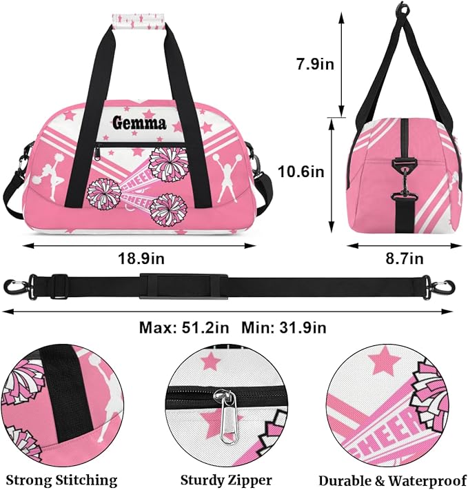 Personalized Sports Cheer Duffel Bag, Custom Sport Gym Bag Large Compartment Cheerleaders Dance Bag Weekender Bags Travel Training Bag for men, Pink CHEER with Stars