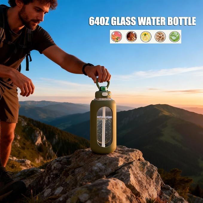 SIEROZUR 32 oz Glass Water Bottle with Straw and Handle 1 Liter Glass Water Bottle with Silicone Sleeve and Time Marker Sports Water Jug Wide Mouth for Travel Gym