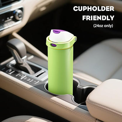 POWCAN 24 oz Insulated Water Bottle: 2-in-1 Push-Button Spout & Quick-Flip Straw, Leakproof, Cold 24Hrs, Lockable, Fits Car Cup Holder, Stainless Steel Cup for Sports, Travel, Daily Use (Scare School)