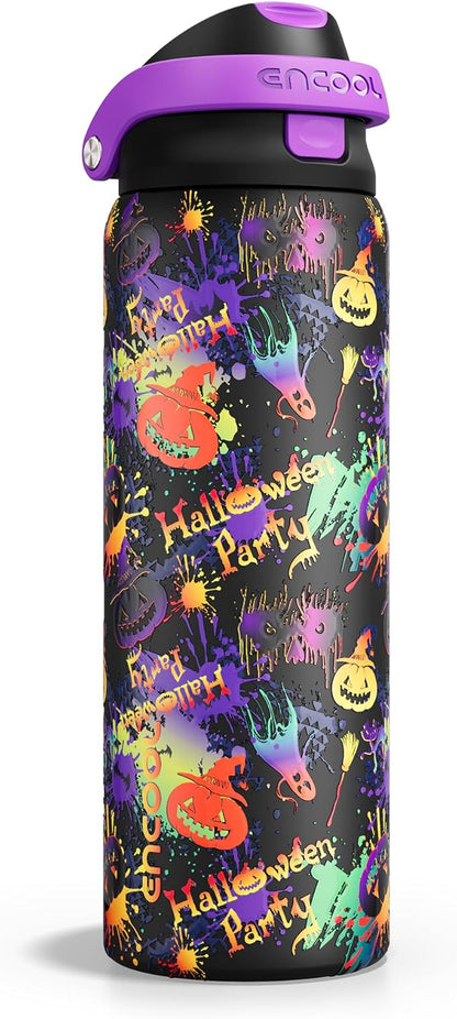 Encool SwiftSip Insulated Stainless Steel Water Bottle with Straw - Leak Proof Sports Water Bottle for School, Travel, Keeps Cold All Day, One-Touch Flip Lid, BPA-Free, 32 oz, Ghost Party