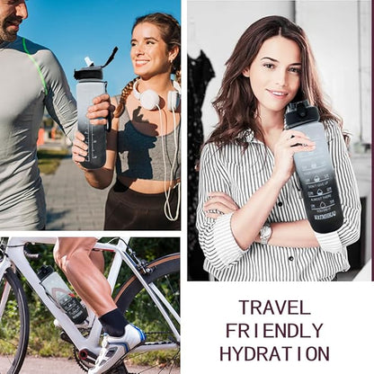 32oz Sports Water Bottle Outdoor, with Drinking Time and Capacity Labels, Sport Water Cups with Straw,BPA Free Leak Proof,for Fitness Gym Running Climbing(Grey black)