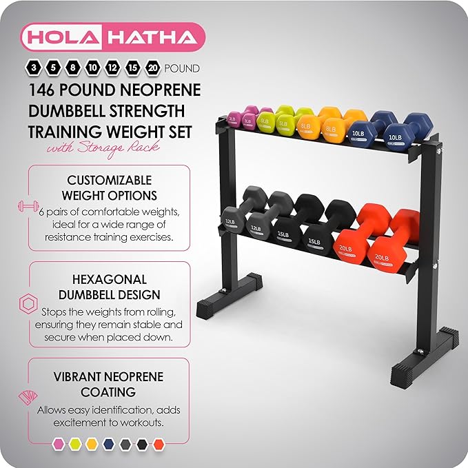 HolaHatha 146 Pound Neoprene Coated Non Slip Dumbbells with Rack for Strength Training, Includes 3, 5, 8, 10, 12, 15, & 20 Pound Sets, Multicolor