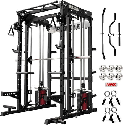 RitFit M2 Smith Machine with with Cable Crossover System, 3D Functional Trainer & Power Cage, 16 Adjustment Holes, 6 Storage Pegs for Full-Body Home Gym