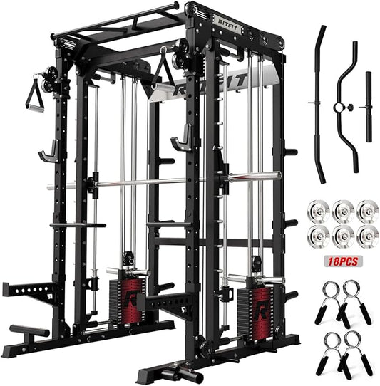 RitFit M2 Smith Machine with with Cable Crossover System, 3D Functional Trainer & Power Cage, 16 Adjustment Holes, 6 Storage Pegs for Full-Body Home Gym
