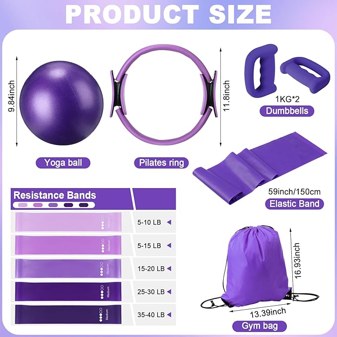 Poen 10 Pcs Pilates Ring Set Include 2.2lb *2 Dumbbells 10" Yoga Exercise Ball 12" Pilates Ring 5-40lb Resistance Bands Elastic Band and Drawstring Backpack Set for Women Home Workouts