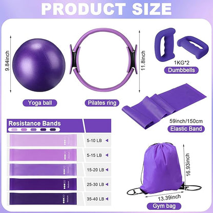 Poen 10 Pcs Pilates Ring Set Include 2.2lb *2 Dumbbells 10" Yoga Exercise Ball 12" Pilates Ring 5-40lb Resistance Bands Elastic Band and Drawstring Backpack Set for Women Home Workouts