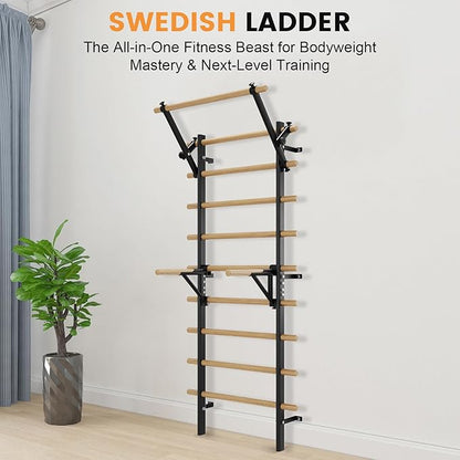 Swedish Ladder Wall Gym, Stall Bar Home Gym with Adjustable Pull-Up Bar, Dip Bar Attachments & 2pcs Resistance Band, 9 Strategic Rods for for Home, School, Hysical Therapy and Gymnastics