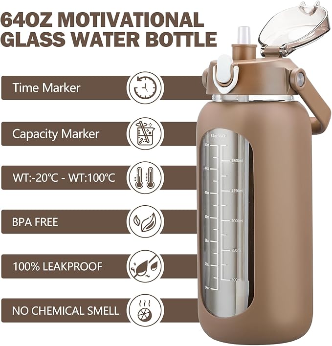 kytffu 64oz Glass Water Bottles with Straw, Half Gallon Motivational Glass Bottle with Silicone Sleeve and Time Marker, 2L Leakproof Large Glass Water Jug for Gym Home Office,Amber