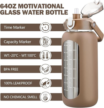 kytffu 64oz Glass Water Bottles with Straw, Half Gallon Motivational Glass Bottle with Silicone Sleeve and Time Marker, 2L Leakproof Large Glass Water Jug for Gym Home Office,Amber