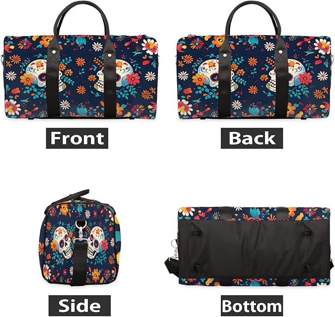 Travel Duffel Bag Colorful Mexican Skull Flower Sport Tote Gym Bag Waterproof Foldable Carryon Weekend Overnight Training Handbag Sports Duffle Bags for Women Men Boys Girls