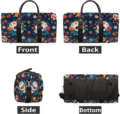 Travel Duffel Bag Colorful Mexican Skull Flower Sport Tote Gym Bag Waterproof Foldable Carryon Weekend Overnight Training Handbag Sports Duffle Bags for Women Men Boys Girls