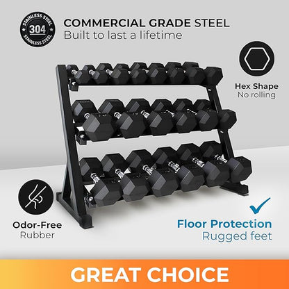 Rubber Hex Dumbbell Set with Rack, 8/10/12/15/20 Pair (450/550/780/1200/1550/2100 lbs total) Weight Rack with Dumbbells for Home Gym & Strength Training