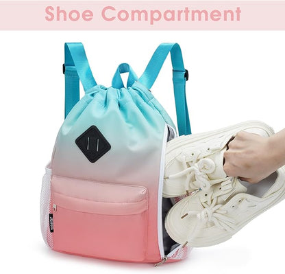 WANDF Drawstring Backpack Sports Gym Bag with Shoes Compartment, Water-Resistant String Backpack Cinch for Women Men (Small,Red-Green Gradient)