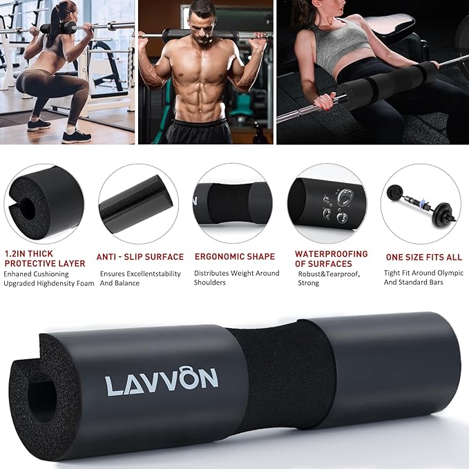 Squat Pad Set - Foam Barbell Pad for Squats Cushion, Lunges & Bar Padding for Hip Thrusts - Standard Olympic Weight Bar Pad - With Ankle Straps, Wrist Straps for Weightlifting