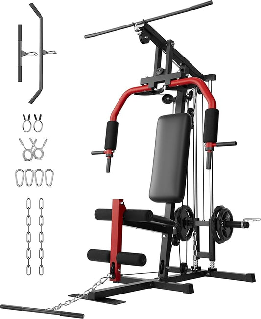 Home Gym Equipment, Workout Weight Machine with Cable Pulley System, 400 LBS Weight Capacity All in One Full Body Exercise Station for Strength Training, Multifunctional Compact Home Gym