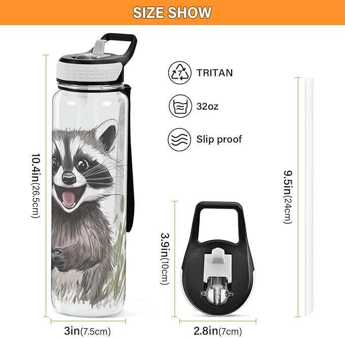 Fustylead Happy Cute Raccoon 32oz Water Bottle with Straw, Leakproof Clear Sport Water Bottles for Gym Camping Hiking Travel