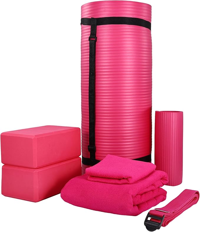 BalanceFrom 7-Piece Yoga Set with 71x24x1 Inches Extra Thick Mat and Carrying Sling – Includes 2 Blocks, Stretch Strap, 2 Towels, and Knee Pad for Home, Studio, and Gym Workouts