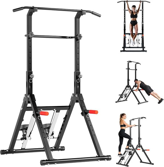 Power Tower Pull Up Station, soges Foldable Pull Up Bar Dip Station with Stair Stepper, Adjustable Free Standing Strength Training Equipment for Home Gym, Multi-Function Workout Tower