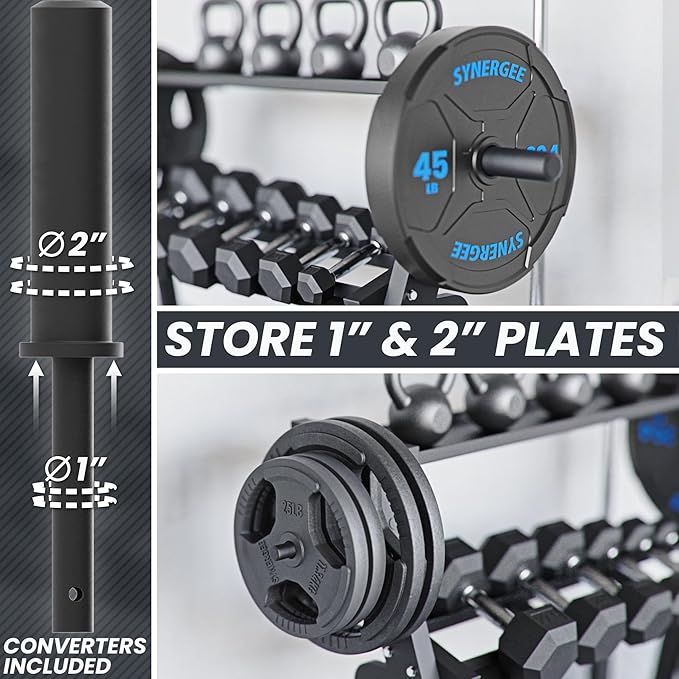 Synergee 3-Tier Dumbbell Storage Rack with 2 Barbell Holders and 4 Weight Plate Pegs, Featuring 2-Tier Dumbbell Storage and 3rd Tier for Kettlebell Storage – Accommodates 1" and 2" Plates – All-in-One