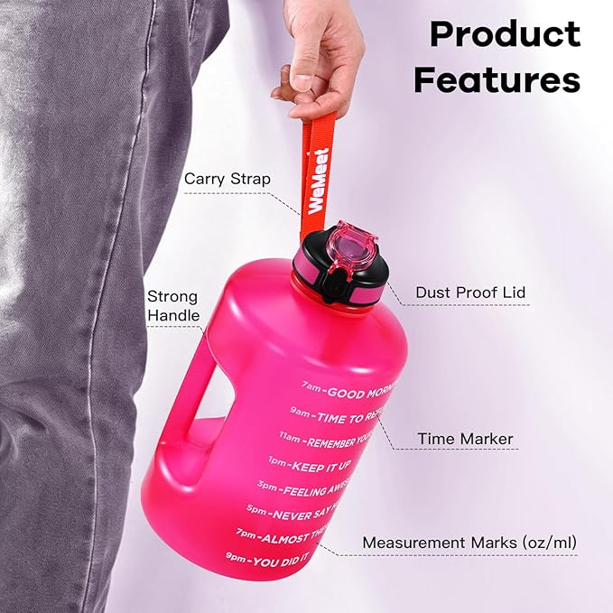 Motivational Gallon Water Bottle, BPA Free, Large Sport Water Jug with Handle & Straw, for Fitness, Outdoor, Gym, Travel, Camping, Office (Pink)