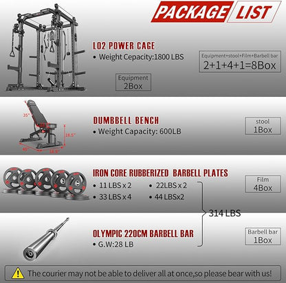 Power Cage Multi-Function Power Rack with Cable Crossover System,1800 LBS Capacity Squat Rack with Weight Bench,for Home Gym