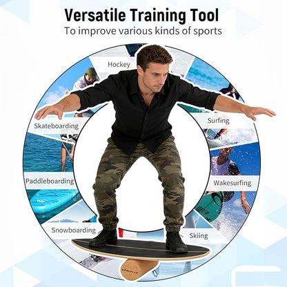 Goplus Balance Board Trainer for Adults, Wooden Balancing Board with Cork Roller and Storage Rack to Exercise and Build Core Strength, Wobble Board for Skateboard, Snowboard