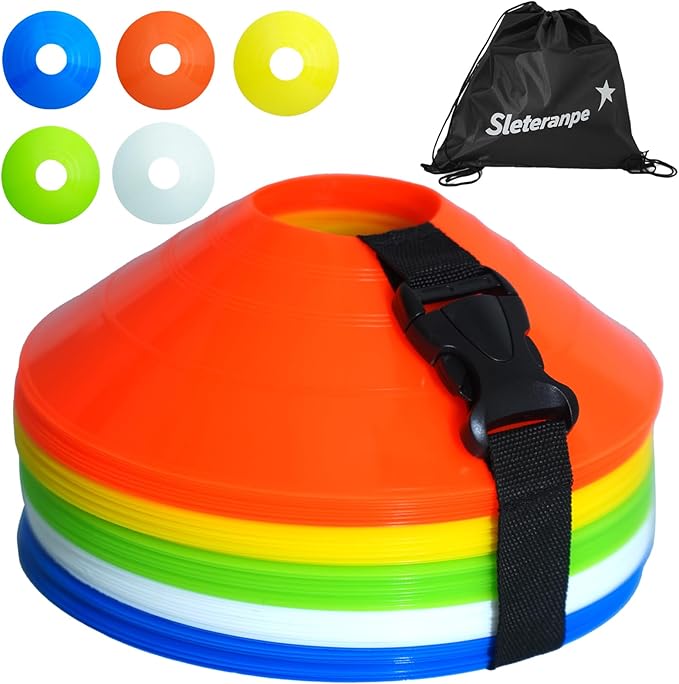 Pro Disc Cones (Set of 50) – Soccer Cones for Training with Drawstring Bag & Strap – Agility Cones for Basketball, Football, and Sports Drills