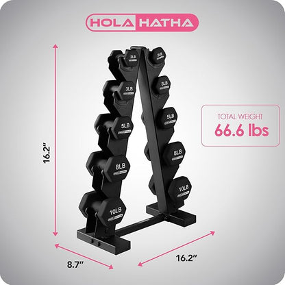 HolaHatha 2, 3, 5, 8, and 10 Pound Neoprene Dumbbell Free Hand Weight Set with Rack, Ideal for Home Exercises to Gain Tone and Definition, Pastel