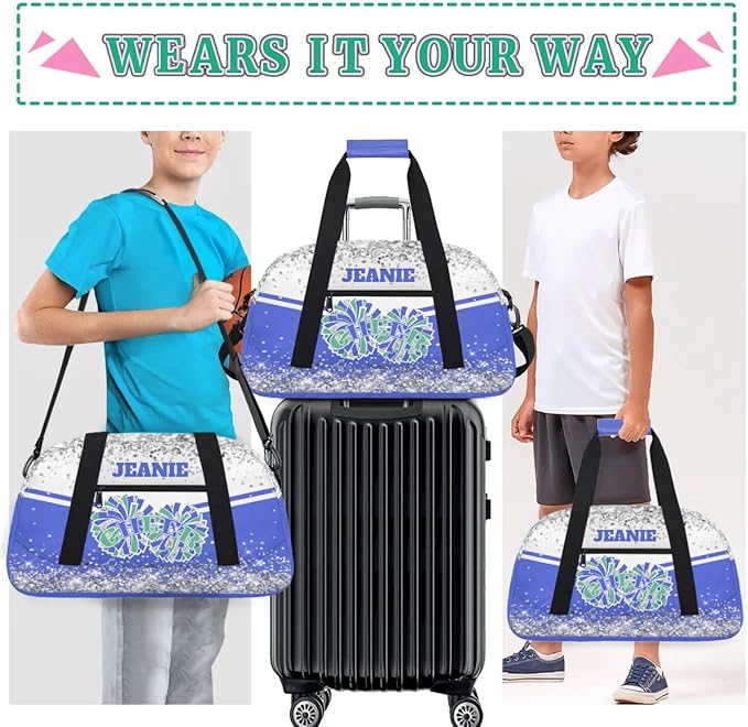 Personalized Cheer Gym Bags for Girls Kids Cheerleaders with Custom Name Sport Dance Perform Training Duffel Bags for Overnight Weekender Travel White Blue