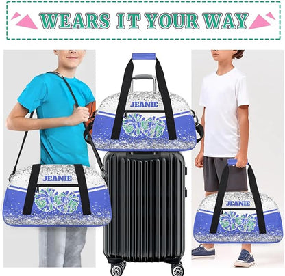 Personalized Cheer Gym Bags for Girls Kids Cheerleaders with Custom Name Sport Dance Perform Training Duffel Bags for Overnight Weekender Travel White Blue