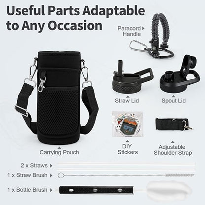32 oz Insulated Water Bottle with Straw, Stainless Steel Triple Wall Vacuum Sports Water Jug, Leakproof Hydro Cup Flask with Paracord Handle & Straw Spout Lids & DIY Stickers