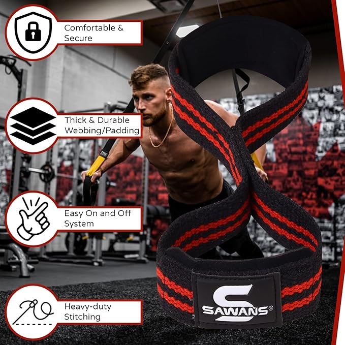 SAWANS Lifting Straps Padded Grip Figure 8 Wrist Straps Weight Heavy Duty Double Loop Bodybuilding Training Gym Straps Hand Bar Non Slip Deadlift Support Strong Cuffs Powerlifting