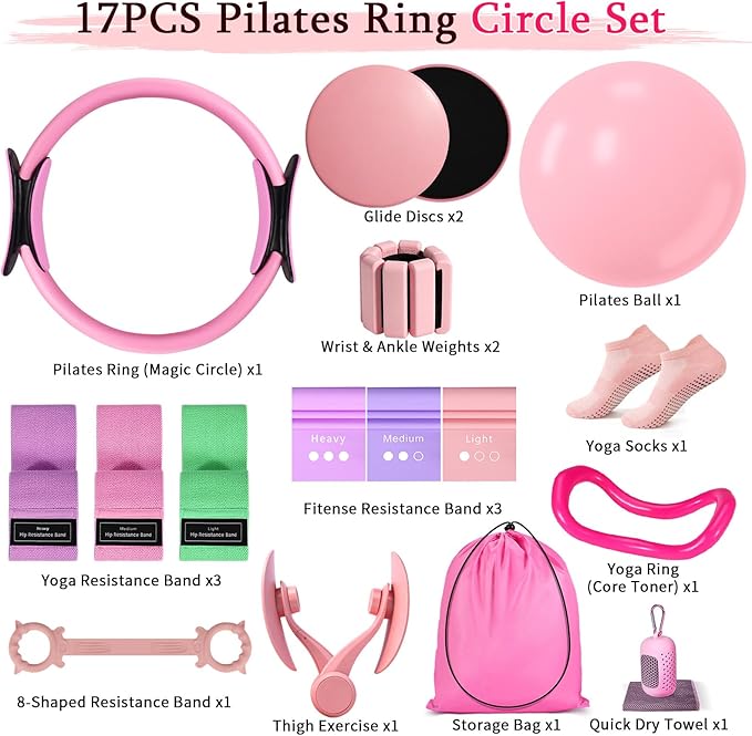 Pilates Kit for Women,17PCS Home Pilate Equipment Essentials, 12.6" Pilates Ring Ball Set with Resistance Bands, Ankle Weights, Sliders,Thigh Trainer, Yoga Strap,Socks Accessories for Home Workout