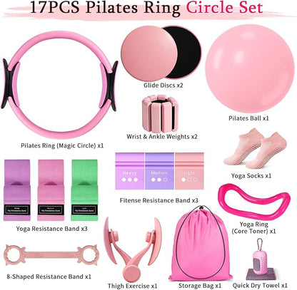 Pilates Kit for Women,17PCS Home Pilate Equipment Essentials, 12.6" Pilates Ring Ball Set with Resistance Bands, Ankle Weights, Sliders,Thigh Trainer, Yoga Strap,Socks Accessories for Home Workout