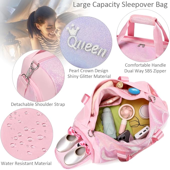 Dance Duffle Bag for Girls Shiny Glitter Sports Gym Bag for Girls Weekender Overnight Sleepover Travel Duffel with Shoes Compartment