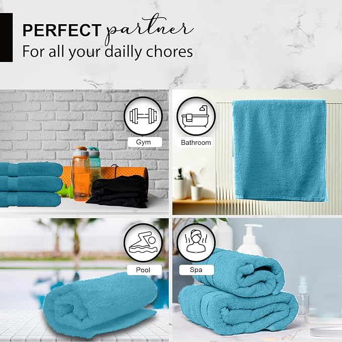 100% Cotton Bath Towels, 24x48 Pack of 6 Towels, Quick Dry, Highly Absorbent, Soft Feel Towel, Gym, Spa, Bathroom, Shower, Pool, Luxury Soft Towels (Aqua, 24x48-6 Pack)