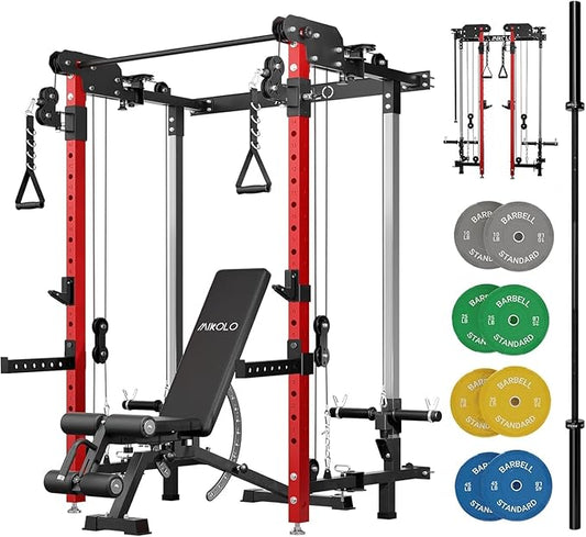 Mikolo Folding Squat Rack, Wall Mounted Power Rack with Cable Crossover Machine & LAT Pull Down, Functional Trainer with 5 Adjustable Function Modes, for Home Gym and Space Saving