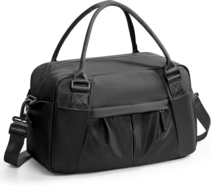 Small Black Gym Duffle Bag for Women Men with Shoe Compartment, Mini Cute Weekender Handbag Carry on Travel Bag for Airplane, Water Resistant Sports Yoga Tote Bag with Dry Wet Separated Pocket.