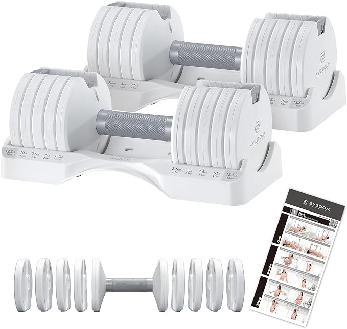 BYZOOM FITNESS Pure Series Adjustable Dumbbell - 12.5/25/27.5/75lb - ONE UNIT OR PAIR(check QTY before purchase) - 5-in-1/ 10-in-1 / 21-in-1 Flexible Hand Weights for Home Gym, Strength Training & Fitness Workouts, White OR Black