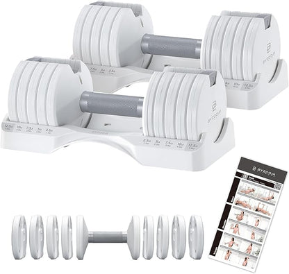 BYZOOM FITNESS Pure Series Adjustable Dumbbell - 12.5/25/27.5/75lb - ONE UNIT OR PAIR(check QTY before purchase) - 5-in-1/ 10-in-1 / 21-in-1 Flexible Hand Weights for Home Gym, Strength Training & Fitness Workouts, White OR Black