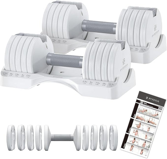 BYZOOM FITNESS Pure Series Adjustable Dumbbell - 12.5/25/27.5/75lb - ONE UNIT OR PAIR(check QTY before purchase) - 5-in-1/ 10-in-1 / 21-in-1 Flexible Hand Weights for Home Gym, Strength Training & Fitness Workouts, White OR Black