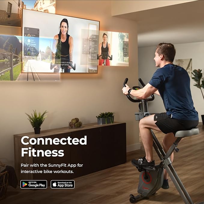 Sunny Health & Fitness Smart Folding X-Bike, Portable Compact Exercise Bike for Indoor Cycling Workout, Home Cardio Training Machine, Free SunnyFit App Bluetooth Connect