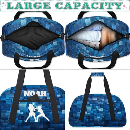 Custom Named Sports Bag for Boys, Personalized Gym Bag Sports Travel Duffle Bag Tote Carry On Weekend Sports Travel Workout Bag, White Boxing Silhouette Blue Geometric Background