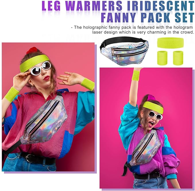 SATINIOR 80s Women Workout Outfit Neon Leg Warmer Headband Wristbands Fanny Pack Set 80s Accessories for Yoga Running