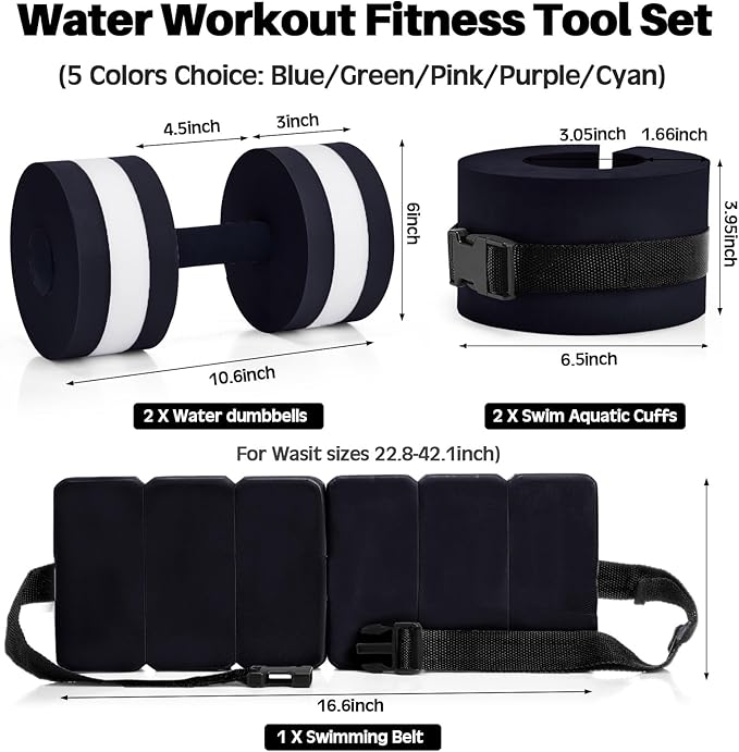 5 Pcs Pool Aquatic Exercise Set Including 2 Lightweight Water Dumbbells, 2 Ankle Swimming Weights, and Swim Belt Water Exercise Equipment for Aquatic Aerobics