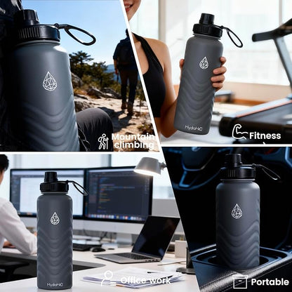 32oz Stainless Steel Insulated Water Bottle, 48H Ice Cold & 24H Hot, Leak-Proof Wide Mouth Lids (Straw & Spout), BPA-Free Bottles, Mens Water Bottle for Gym, Hiking, Travel - Grey