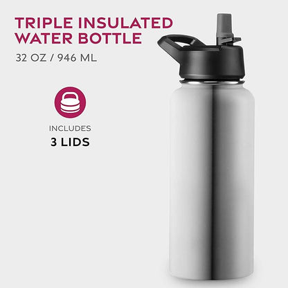 FineDine Water Bottle - Stainless Steel Insulated Water Bottle with Straw Lid, Flip Lid & Wide-Mouth Cap - Keeps Hot and Cold - 32 Oz / 946ml - Brushed Stainless Steel