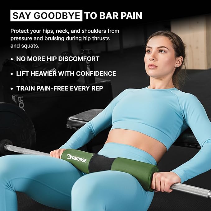 DMoose Fitness Barbell Pad for Hip Thrust, Squat & Lunges - Non-Slip Thick Foam Cushion for Neck and Back Support with Two Straps - Hip Thrust Pad for Leg Day - Fits All Olympic Bars and Smith Machine